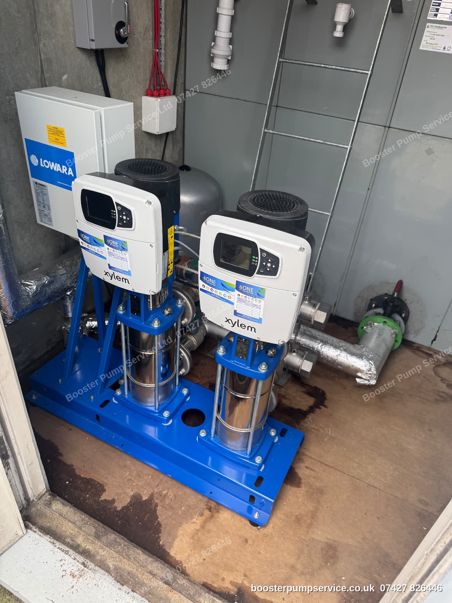 New Lowara Xylem twin vertical multistage booster set with control panel and accumulator vessel — tmv servicing & replacement by our engineers in London.