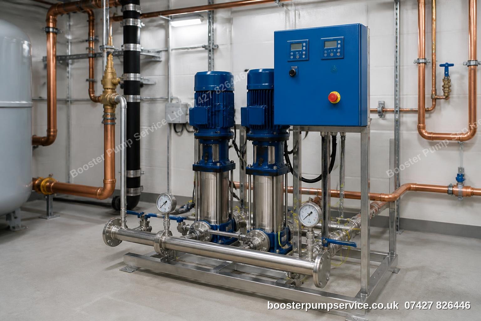 Commercial cold water booster pump set in a London plant room