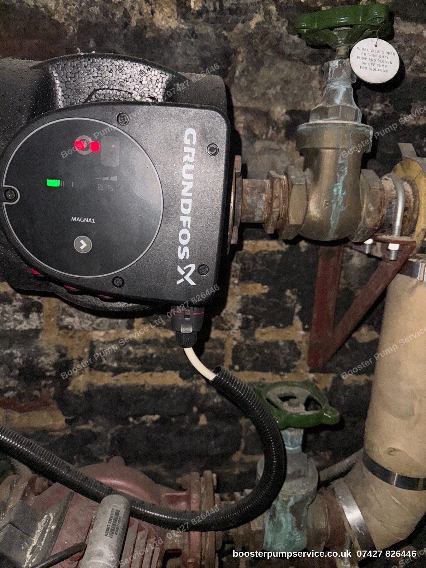 Grundfos circulator pump installed on a heating circuit — circulation pump replacement by our engineers in London.